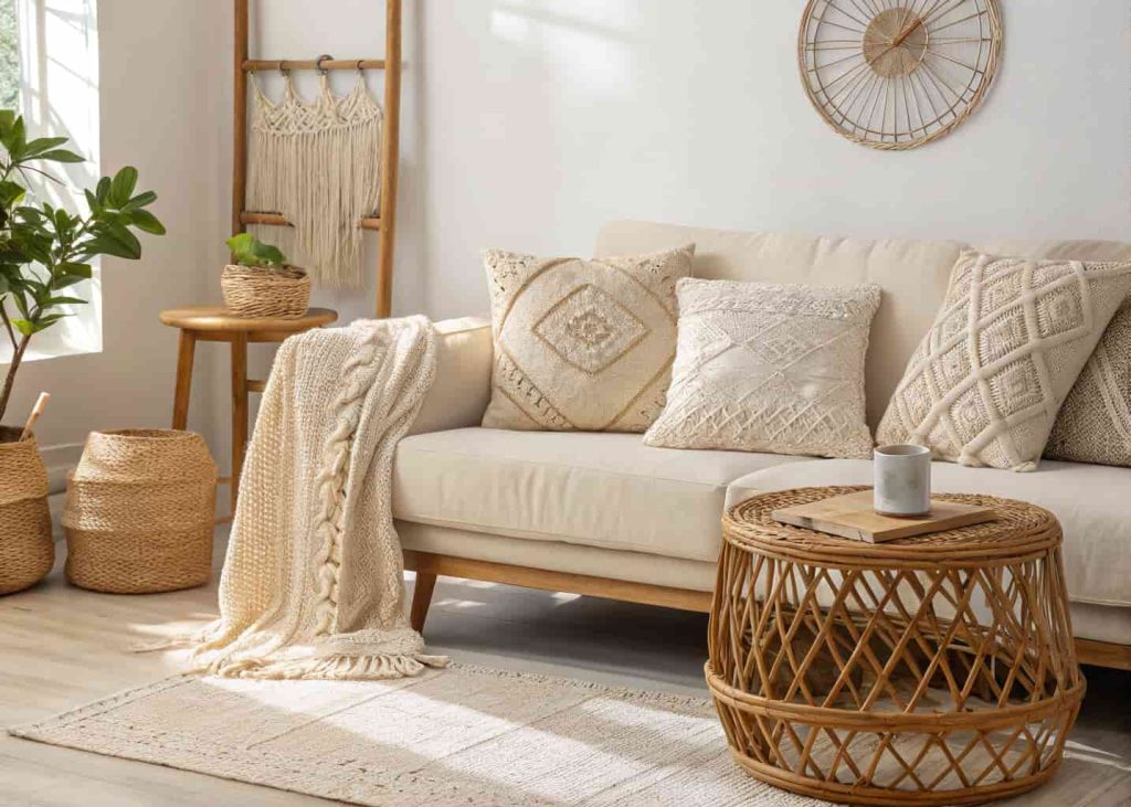  Cream macramé pillow covers on a linen sofa, rattan side table, boho living room, warm natural light, minimalist home decor, cozy aesthetic photography