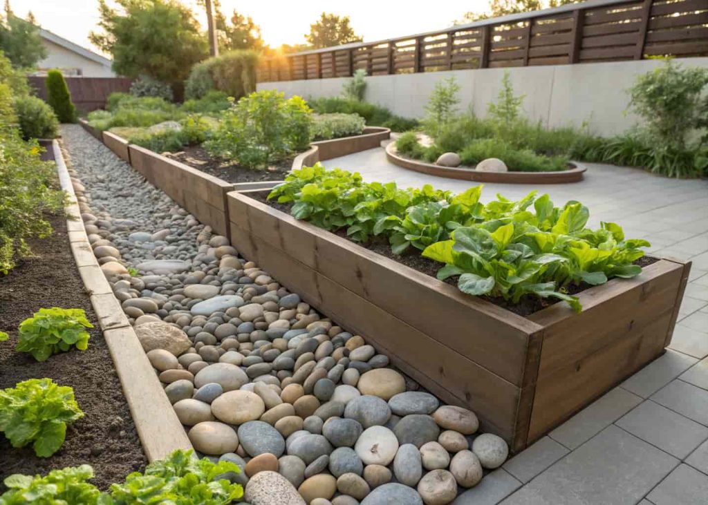 A raised vegetable garden bed bordered by smooth river rocks, green vegetable plants growing inside, neat garden pathways, realistic outdoor daylight photo, clean and tidy