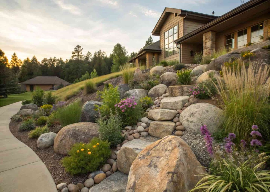 Mixed boulder and river rock flower bed on a sloped yard with ornamental grasses and wildflowers planted around large stones