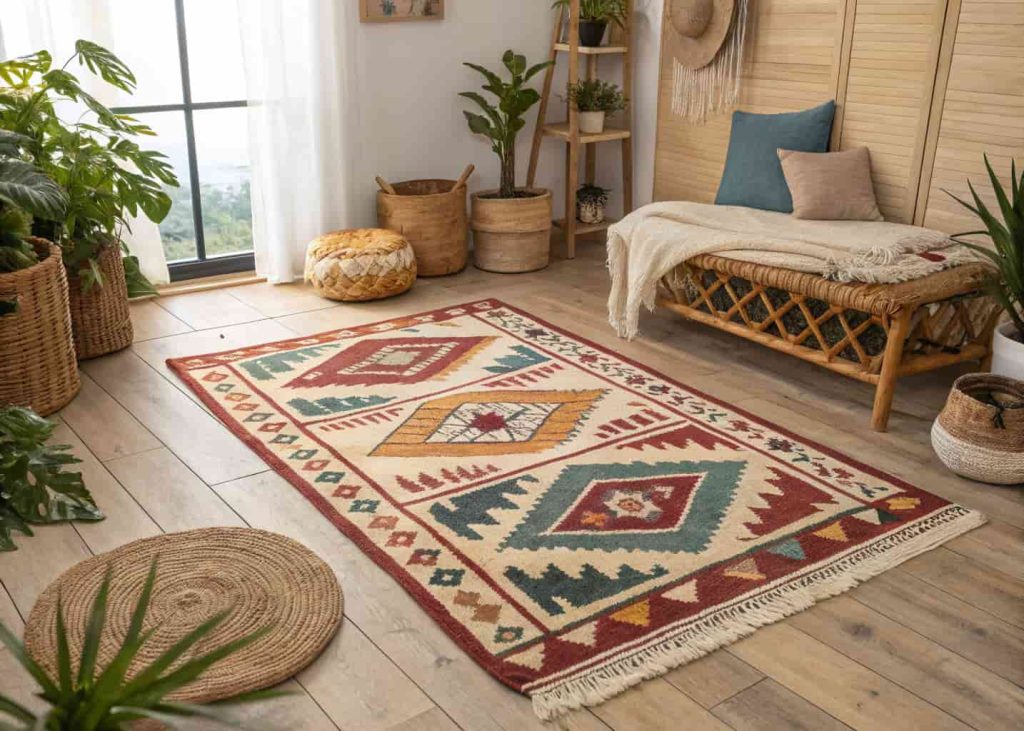 Colorful bohemian flat-woven cotton rug with geometric tribal print on a wooden bedroom floor