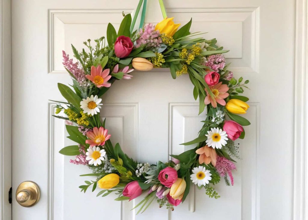 Circular floral spring door hanger with tulips, daisies, and greenery on a bright front door.