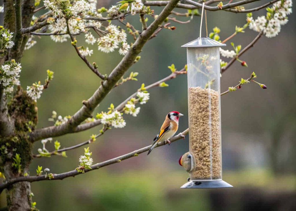 “Clear plastic tube bird feeder filled with seeds, small birds perched, garden tree background.”