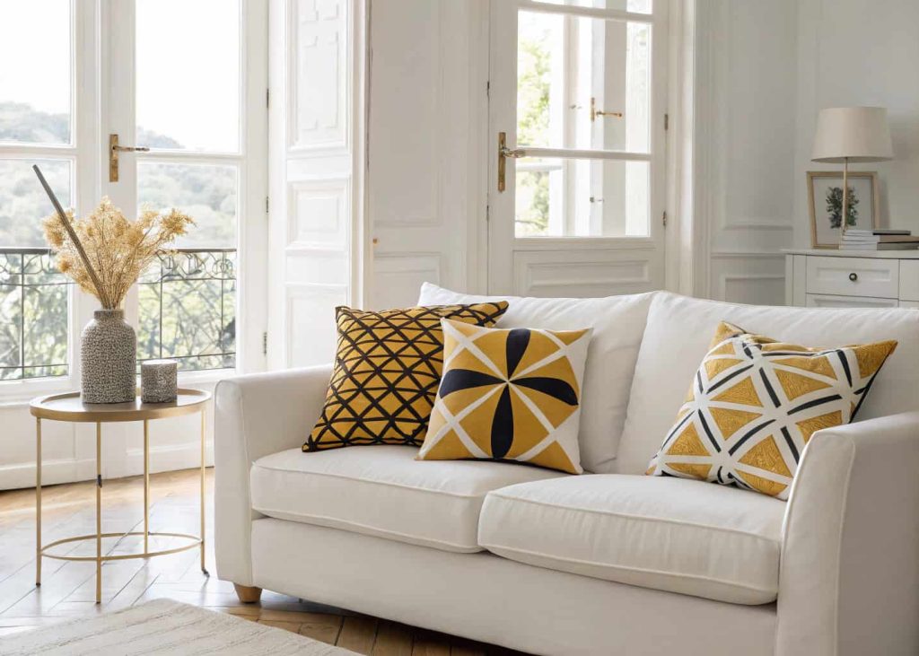 White sofa with bold black and mustard yellow geometric print pillows, Scandinavian interior, clean minimal design, bright natural light, modern home decor photography