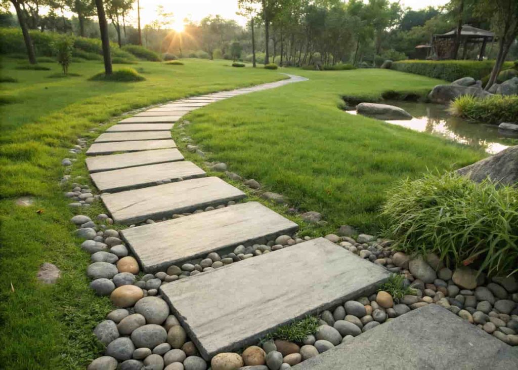 A garden stepping stone path with large flat concrete pavers surrounded by small smooth river rocks, lush green grass on the sides, warm daylight, realistic garden photo