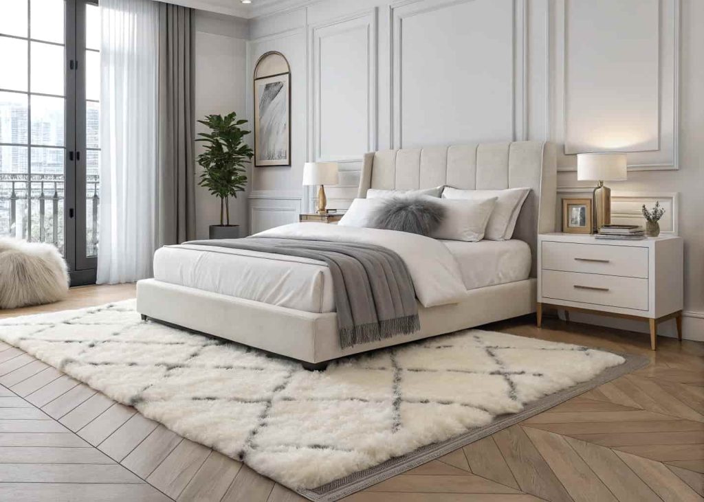 White fluffy faux fur accent rug at the foot of a stylish bed with white and grey bedding in a minimal bedroom