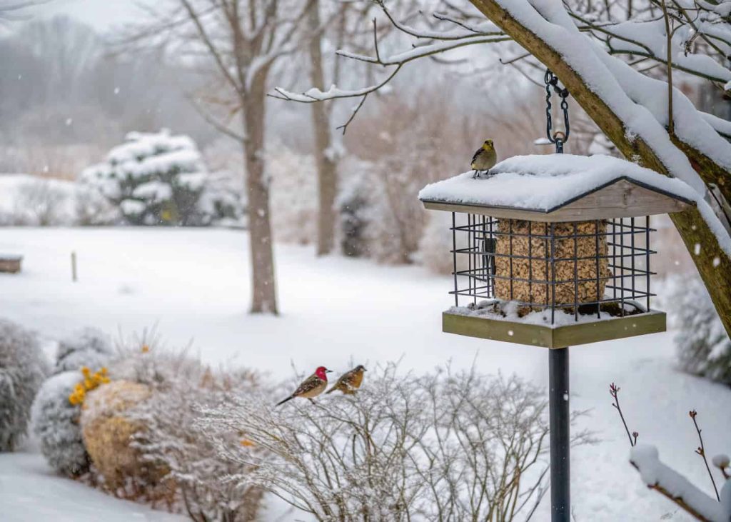 Square suet feeder with birds feeding, snowy backyard, winter garden scene.”