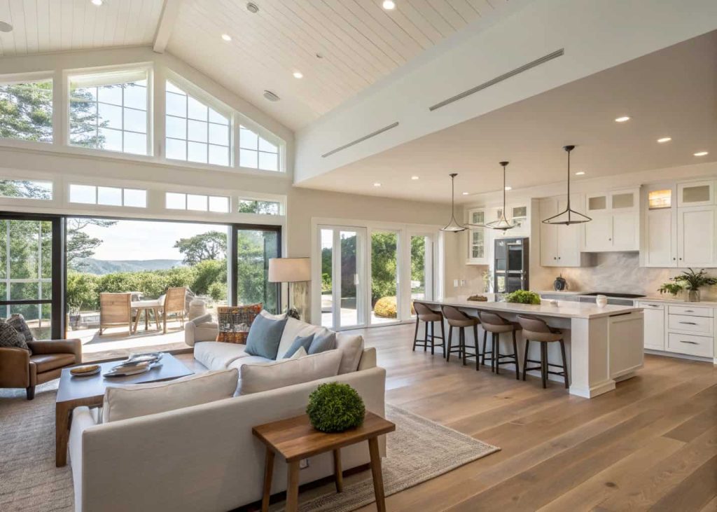 Modern open concept home, living room, dining area, kitchen, natural light, spacious, airy interior"