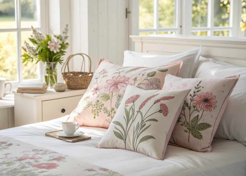 Soft pink floral and botanical print pillows on a white bed with linen sheets, bright airy bedroom, natural daylight, spring home decor photography, fresh and elegant mood