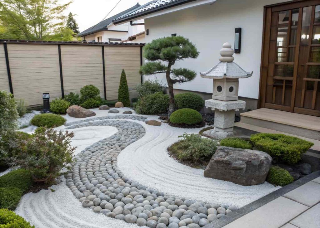 Zen garden flower bed with raked river rocks in circular patterns, dwarf pine tree, and a simple stone lantern accent