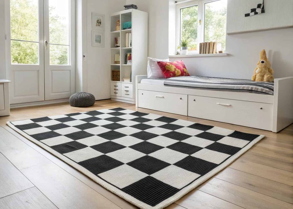 Black and white checkered flat-woven rug on light wooden floor in a modern bright teenage bedroom