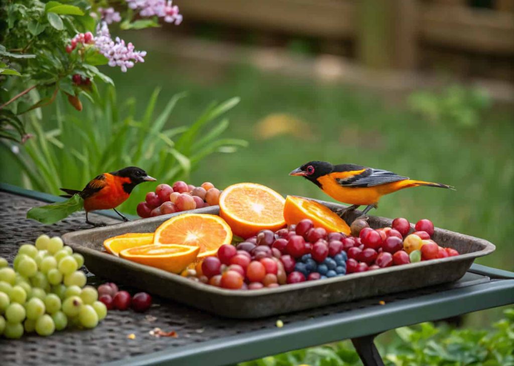 Tray with orange slices and grapes for birds, colorful birds eating, lush backyard.”