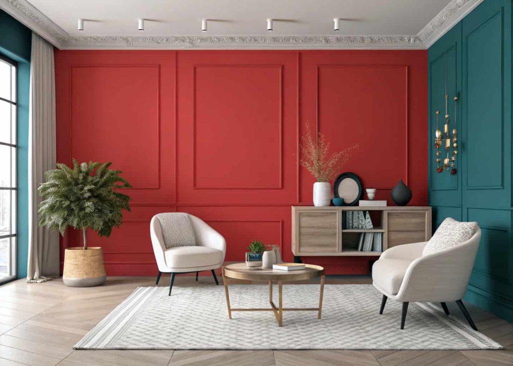 "Modern room with statement wall, bold color, minimalist furniture, stylish décor, contemporary style"