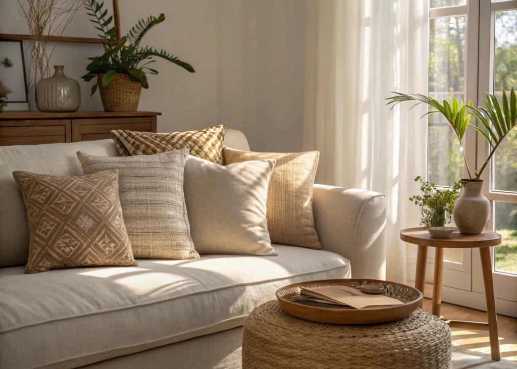 Oatmeal and beige linen textured pillows on a neutral toned sofa, warm minimalist living room, afternoon sunlight, natural home decor photography, calm and cozy atmosphere