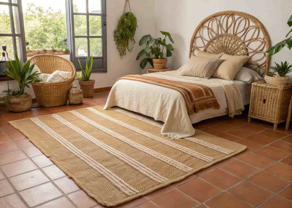 Striped natural jute rug on terracotta bedroom floor surrounded by earthy boho decor and rattan furniture