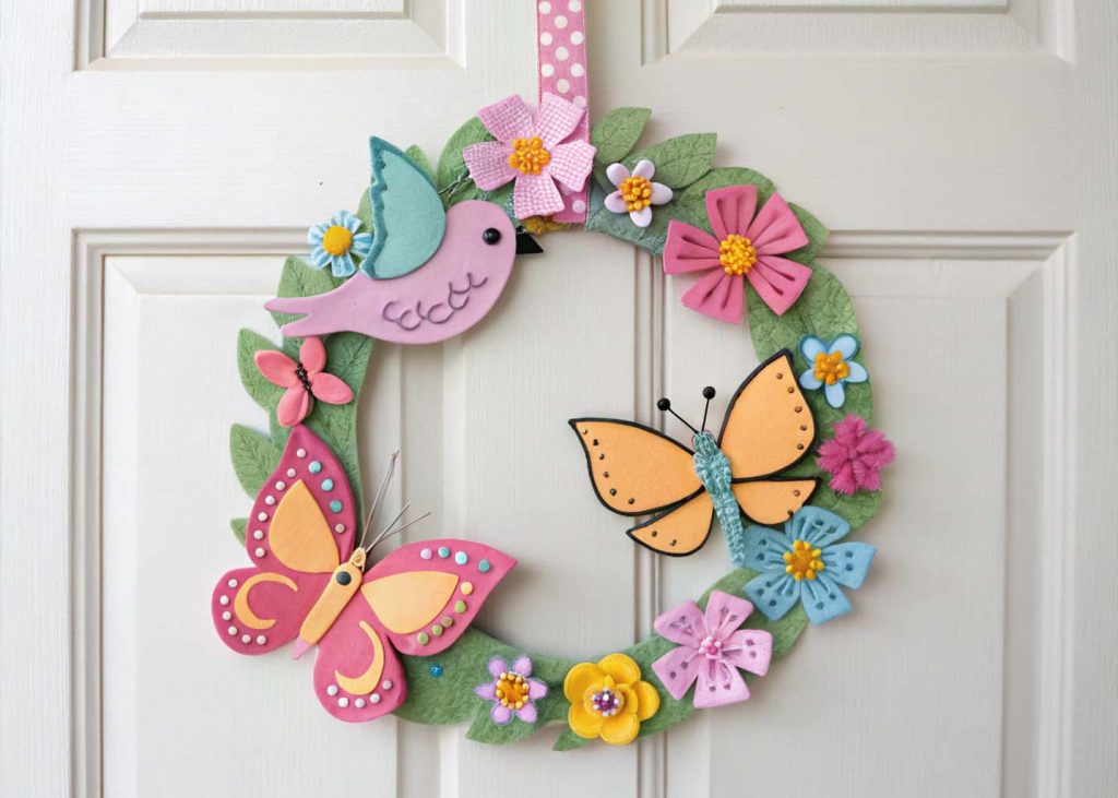 Spring door hanger with felt butterflies, colorful birds, and small flowers on a front door.