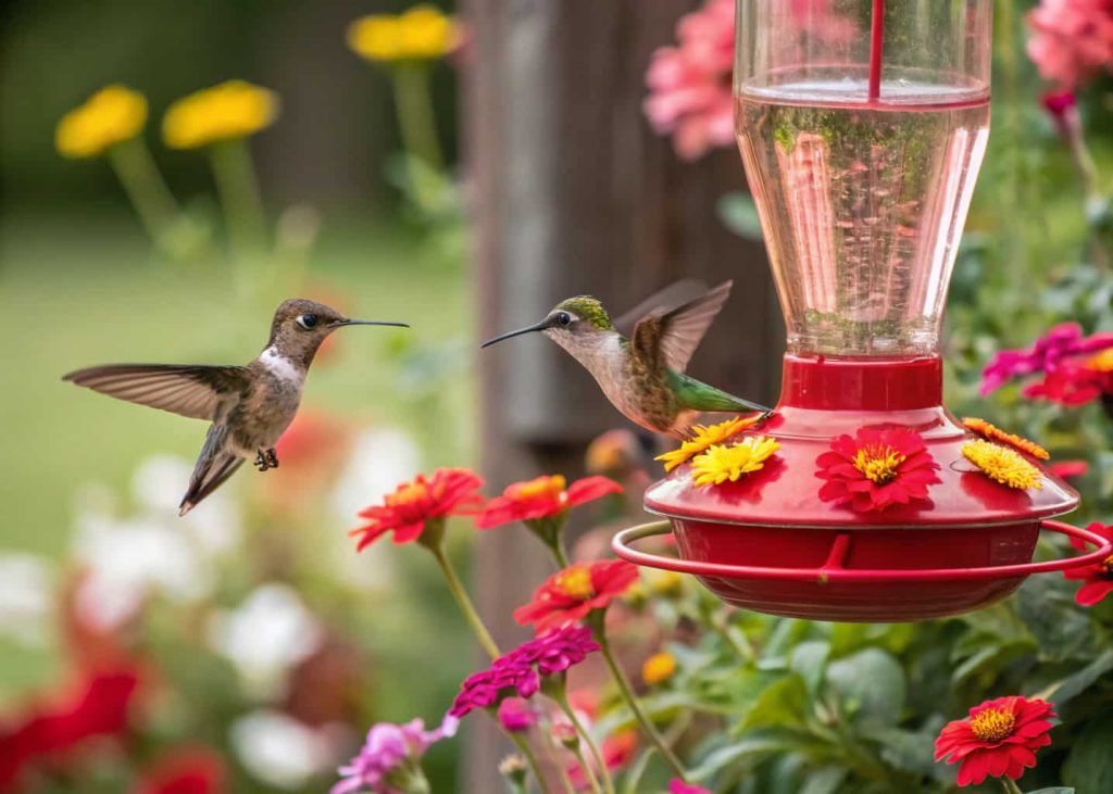 Red hummingbird feeder with clear nectar, tiny hummingbirds feeding, garden flowers in background.”