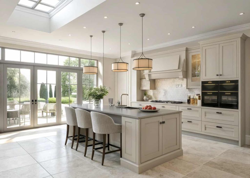 Modern sleek kitchen, neutral colors, minimalist cabinets, island seating, pendant lights, bright interior"