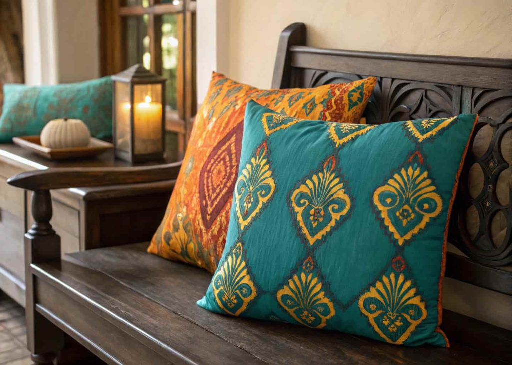 Vibrant teal and saffron ikat block print pillows on a dark wood bench, eclectic global home decor, warm ambient lighting, rich colors, artisan textile photography