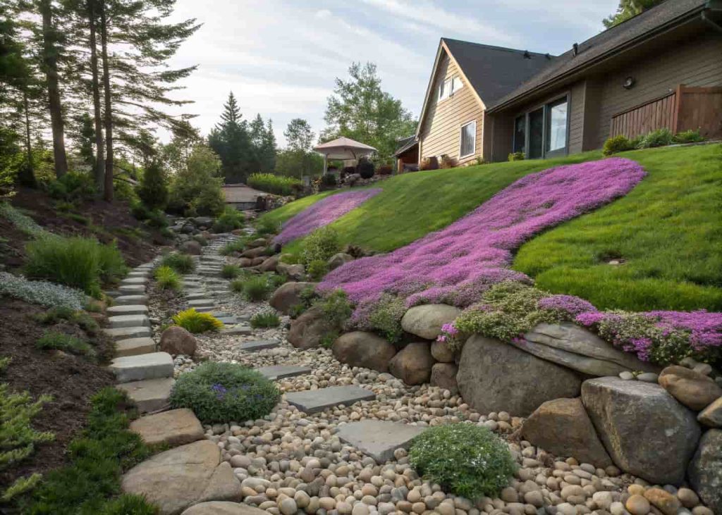 Sloped yard with river rocks installed to control erosion with creeping phlox and ground cover plants growing through the stones