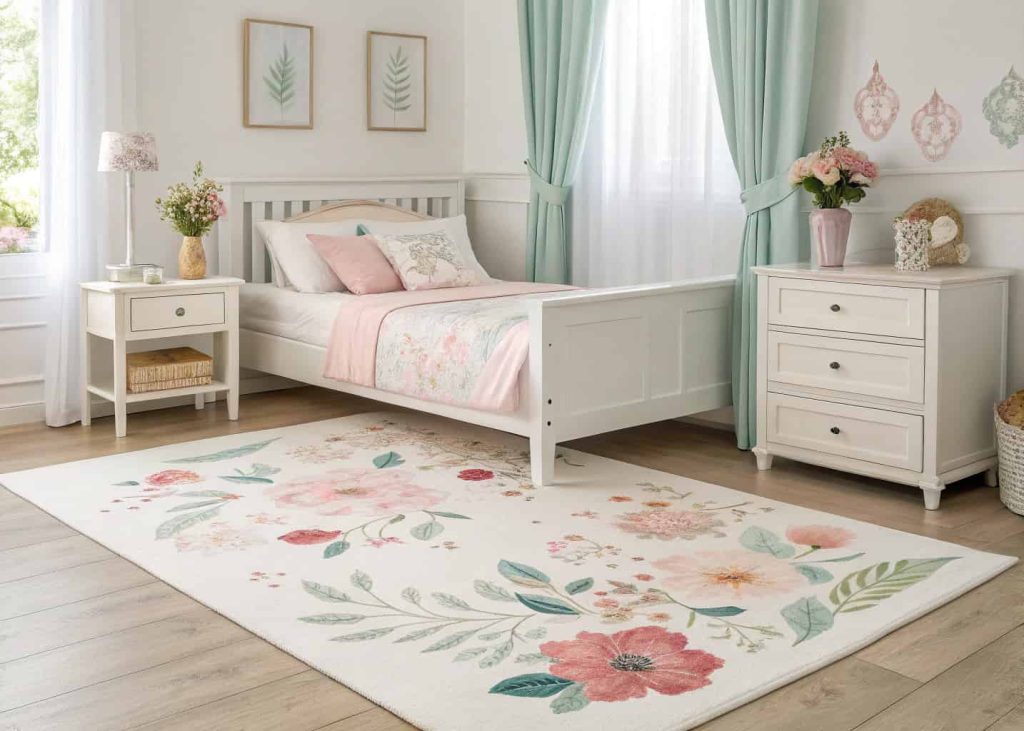 Soft pastel watercolor floral area rug under a white bed in a bright feminine bedroom with simple white furniture