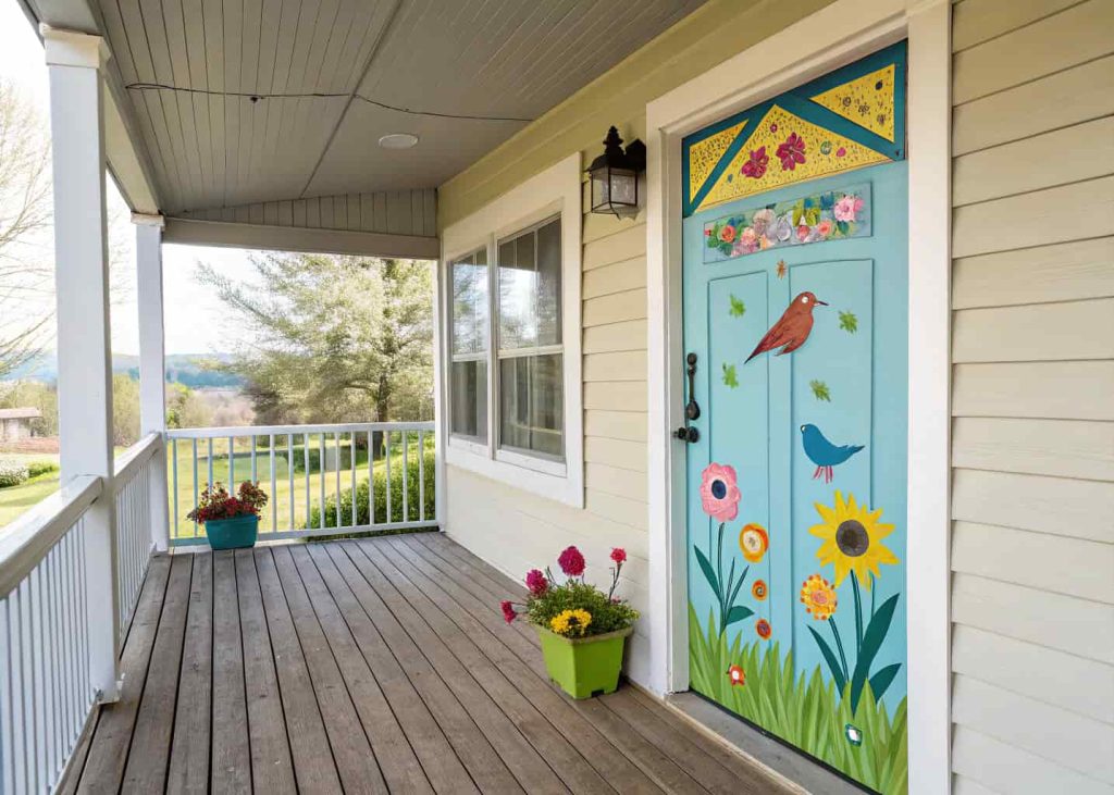 Spring door hanger on a covered porch showing weather-resistant materials and bright colors.