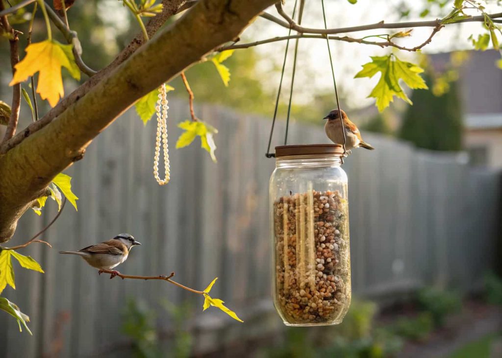 DIY mason jar bird feeder hanging from tree, seeds inside, small backyard birds feeding.”