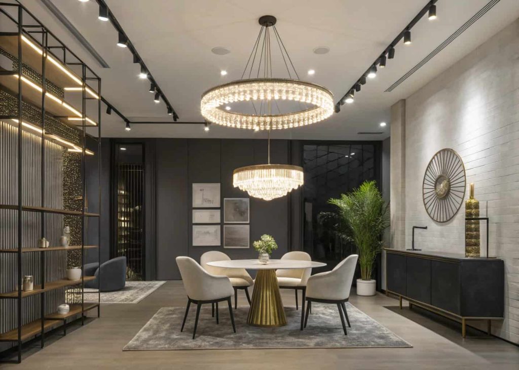 Modern interior with stylish lighting, pendant lights, chandelier, LED accents, contemporary design"