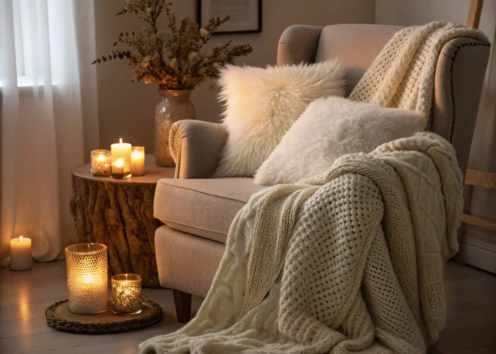 White and ivory faux fur throw pillows on a cozy armchair with a chunky knit blanket, warm candlelight, hygge home decor, winter cozy aesthetic, soft interior photography