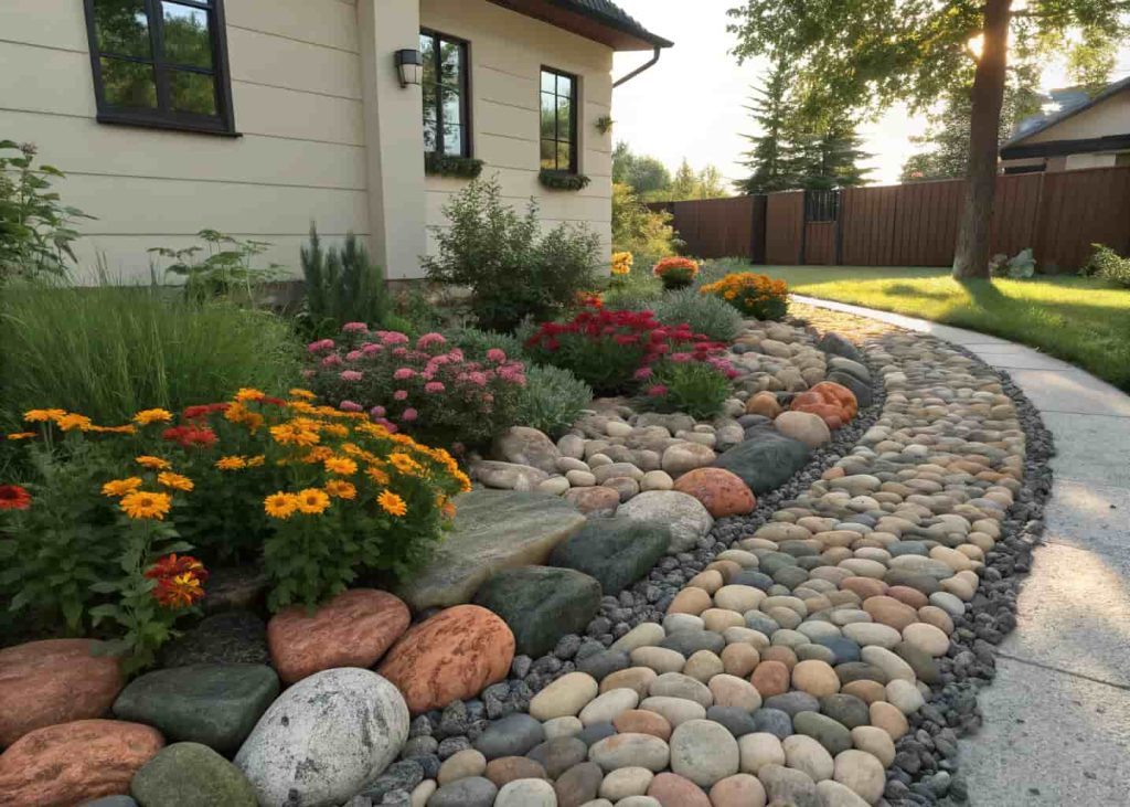 Colorful river rock mosaic border around a flower bed with mixed charcoal, cream, and terracotta stones in a patterned arrangement