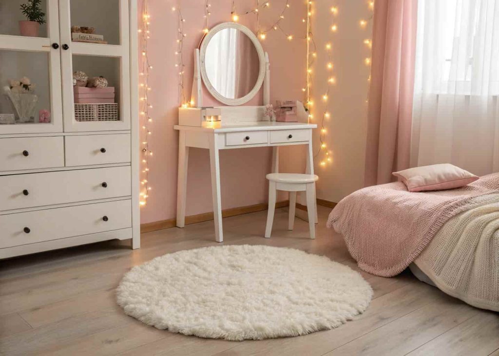 A fluffy round cream rug placed in front of a white vanity mirror in a small cozy bedroom, soft pink and neutral tones, fairy lights on the wall, warm ambient lighting, realistic photo style
