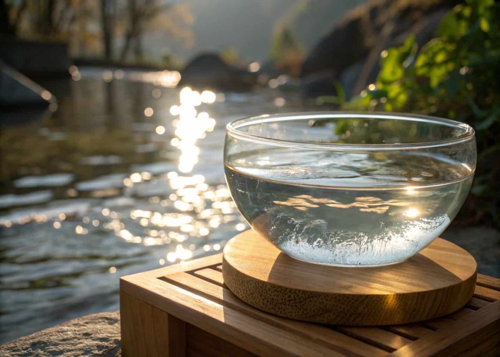 Transparent glass bowl filled with water on a wooden stand, with sunlight reflecting on it.