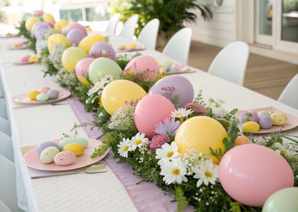 A long Easter table runner made of pastel pink, lavender, and yellow balloons mixed with white flowers and greenery, colorful eggs nestled in between, bright daylight, party atmosphere