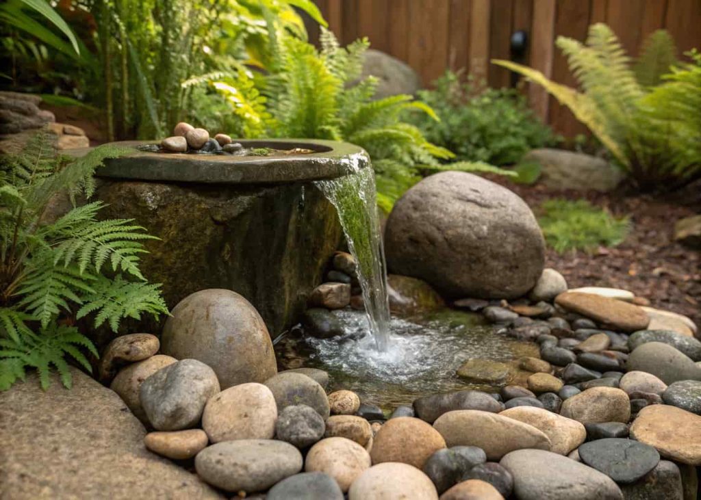 A small garden water fountain surrounded by smooth river rocks of various sizes, water trickling over the rocks, green ferns and plants in the background, soft natural garden lighting, realistic photo