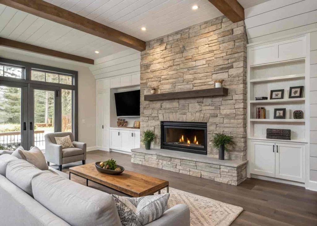 Thin ledger river rock fireplace with flat horizontal stone panels in gray and tan, modern farmhouse living room, fire glowing inside the firebox
