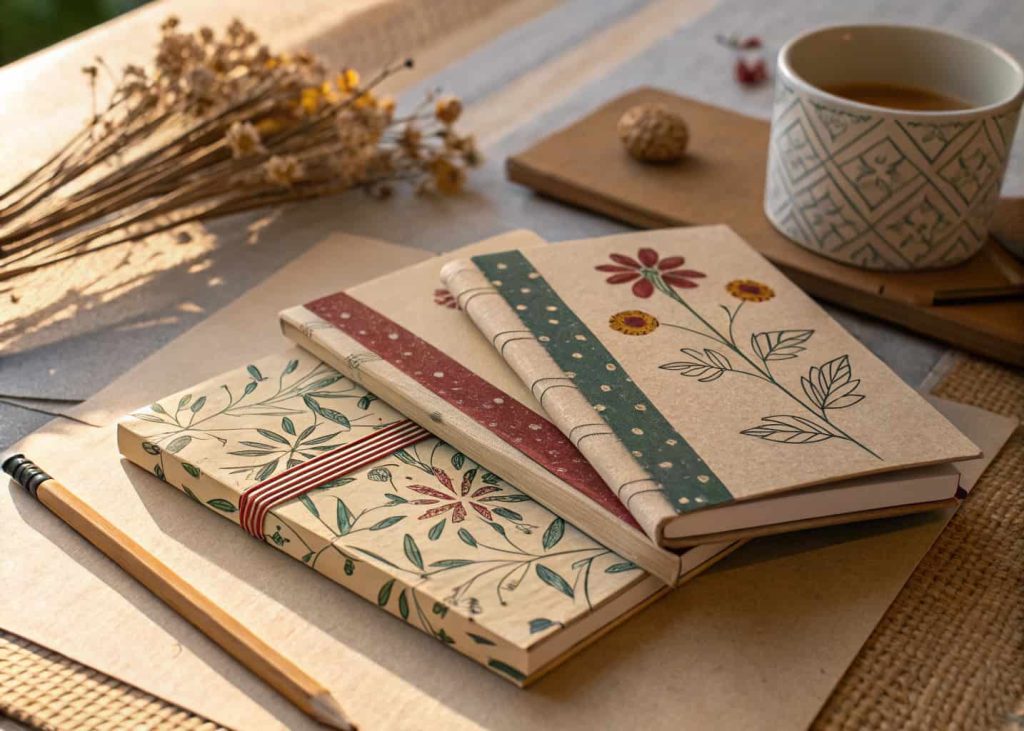 Small handmade paper notebooks with decorated covers stacked on a desk with a pencil and dried flowers.