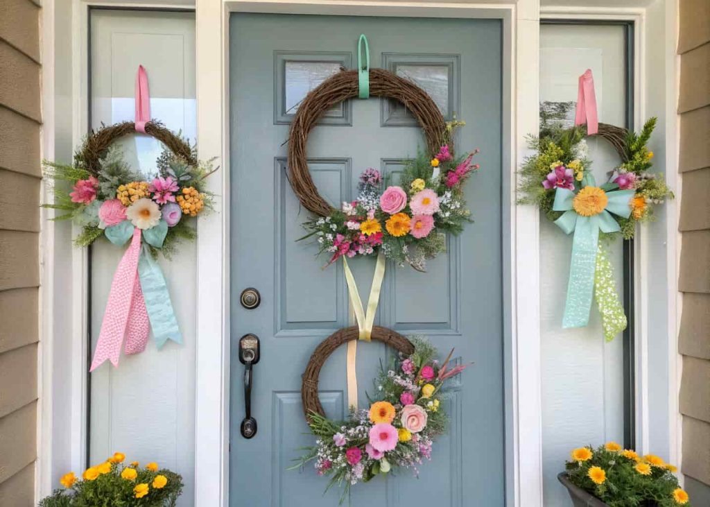 Layered spring door hanger with mini wreaths, ribbons, and colorful accents on a modern front door.