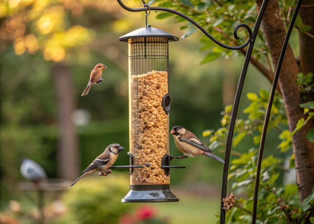 Tube feeder filled with peanut butter and seeds, birds eating, leafy backyard background.”
