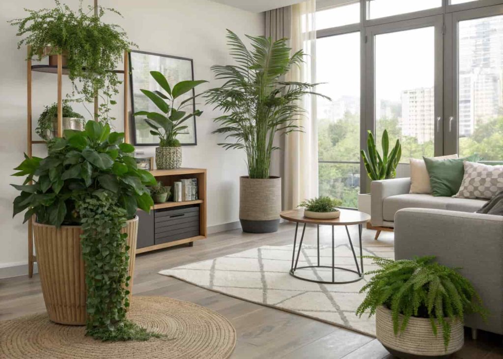 "Modern living room with indoor plants, floor and tabletop greenery, stylish planters, natural touch"
