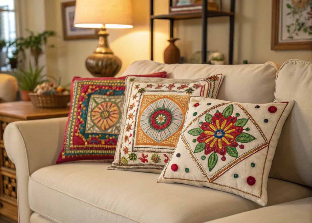 Colorful hand-embroidered folk art pillows on a cream sofa, artisan home decor, warm indoor photography, Moroccan and Indian textile design details, cozy living room setting