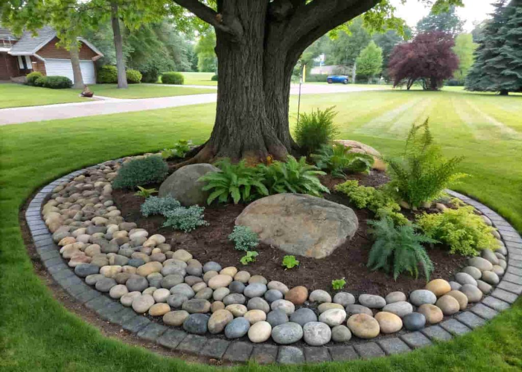 Circular river rock flower bed around the base of a large shade tree with hostas and ferns growing between the stones