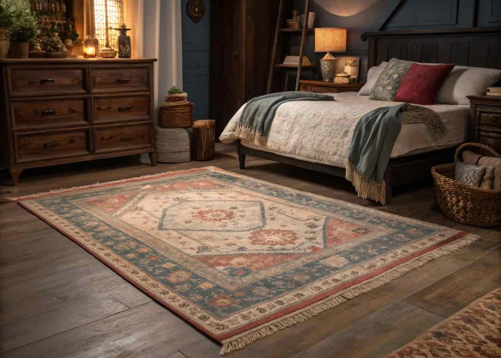 Vintage-style distressed Persian-inspired rug with faded jewel tones and fringe in a warm eclectic bedroom