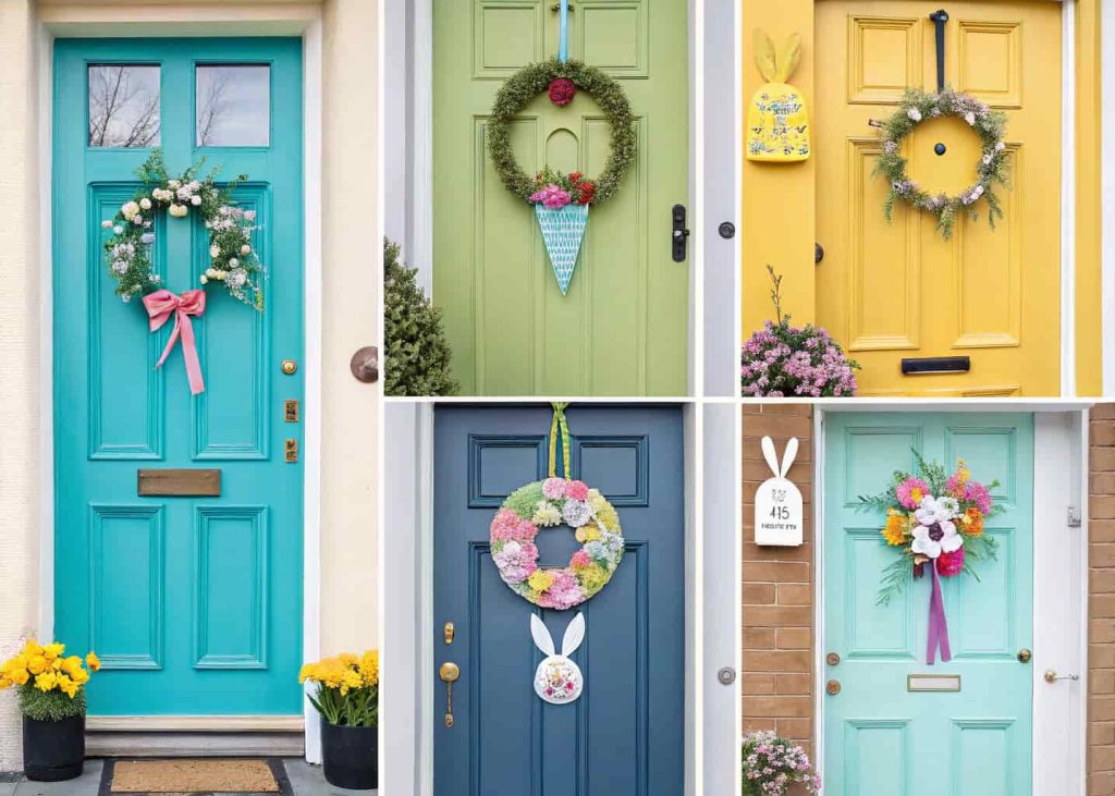 Collage of various spring door hangers on different colored front doors, showing creativity and style variety.
