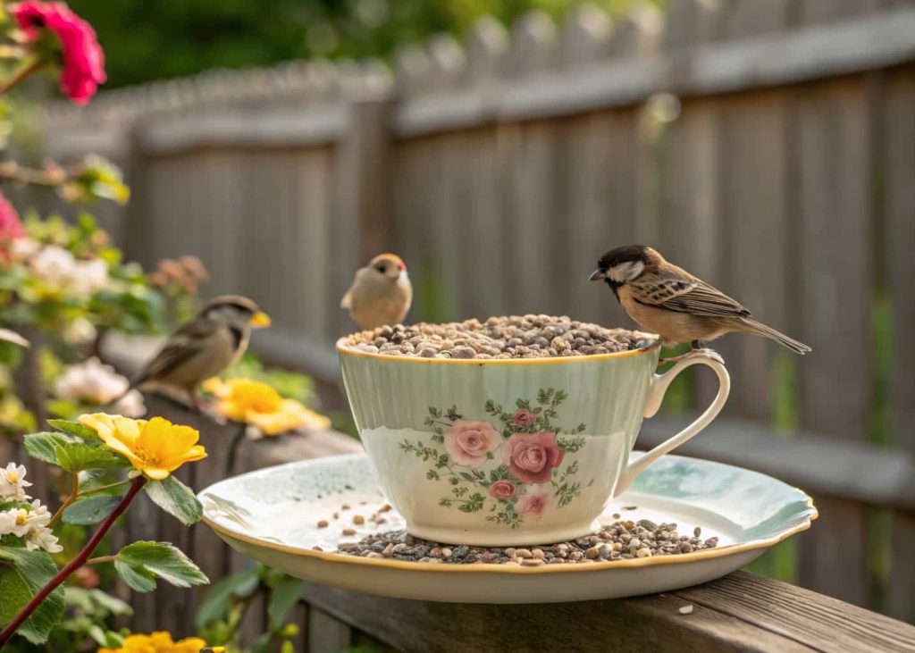 Vintage tea cup bird feeder filled with seeds, small birds perched, quaint backyard scene.”