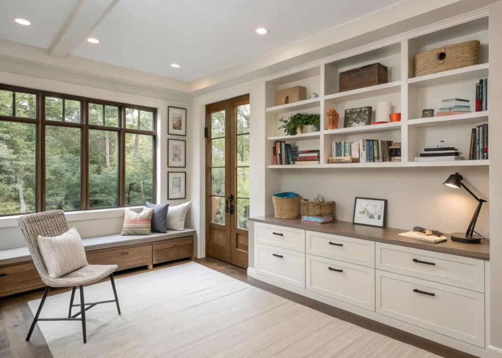 Modern home with stylish storage, floating shelves, hidden compartments, minimalist furniture, organized interior"