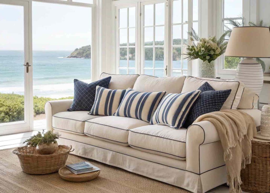 Navy and white striped pillows with sandy beige accents on a coastal living room sofa, bright light, airy beach house interior, summer home decor photography, relaxed elegant style