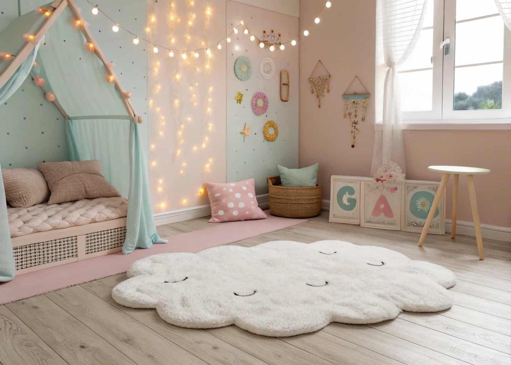 White cloud-shaped fluffy tufted rug on wooden floor in a whimsical pastel children's bedroom with fairy lights