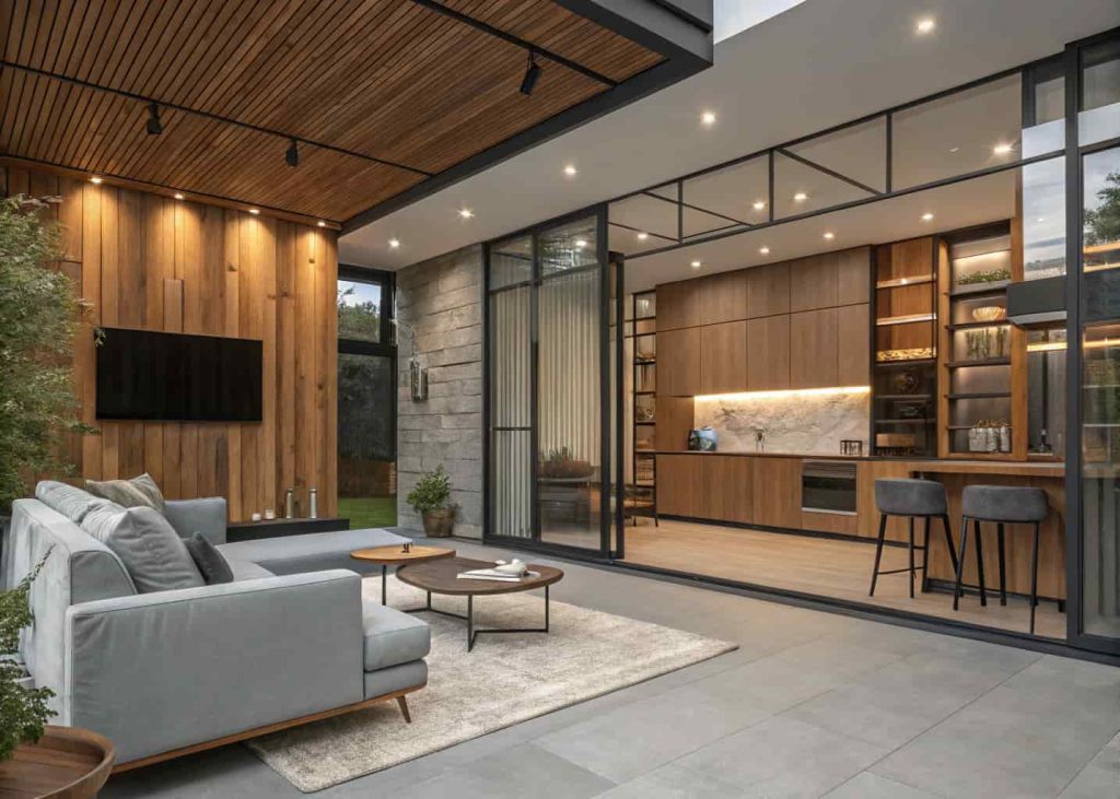 "Modern home interior with mixed textures, wood, metal, glass, fabric, cozy and stylish design"