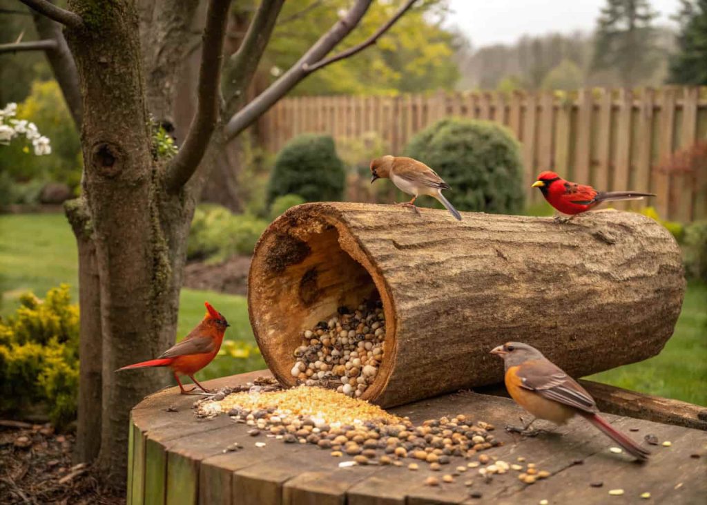 Hollow log bird feeder with seeds, various birds feeding, natural backyard setting.”