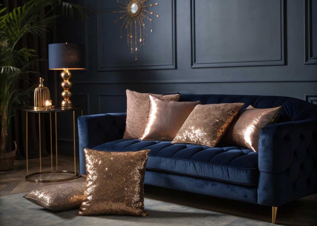 Gold sequin and rose gold metallic throw pillows on a deep navy velvet sofa, glamorous luxury living room, dramatic moody lighting, elegant home decor photography, opulent style