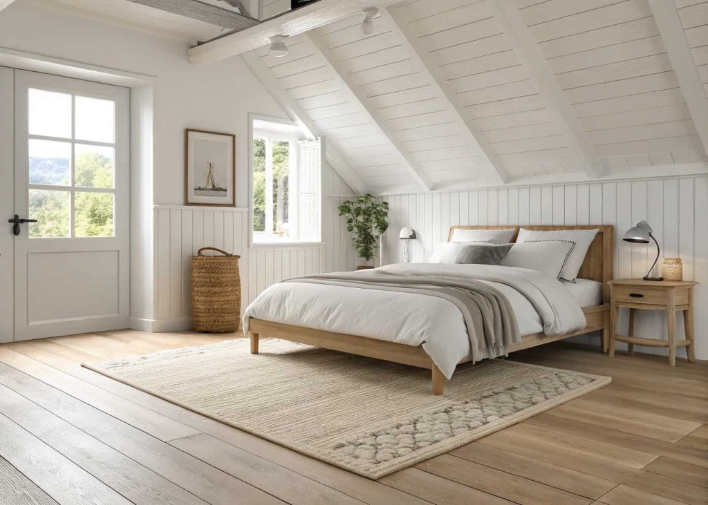 Simple cream neutral low-pile area rug centered under a bed in a clean Scandinavian-style bedroom with natural light